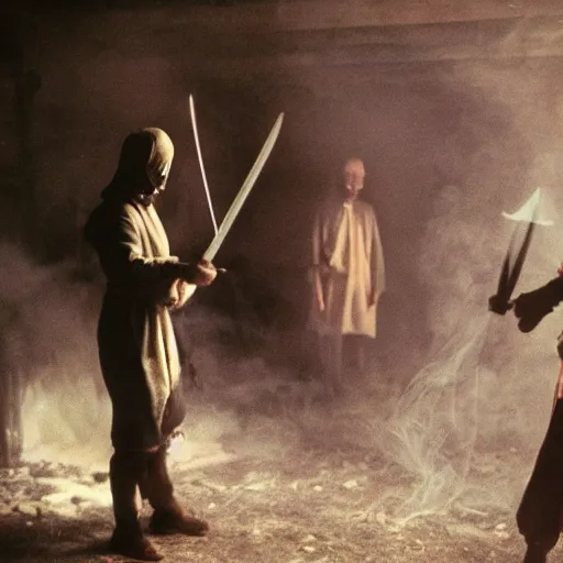 Prompt: a film still of men wearing layered linen of many colors, holding swords, standing in a hazy room with a fire and smoke, dark, moody, very creepy atmosphere, film grain, spider webs, organic matter, bones
