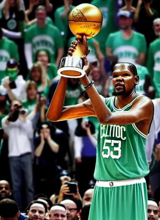 An impressionist oil painting of jayson tatum lifting the larry o'brien  championship trophy