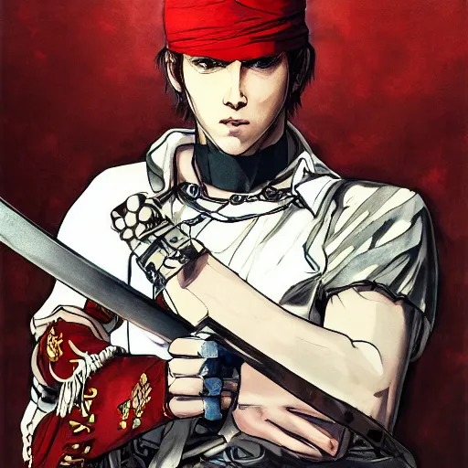 Prompt: portrait of a young white hero using his right arm to hold his sword covering his eye by yoji shinkawa, high quality, extra details, realism, ornate, colored, golden chain, blood, white skin, short hair, brown eyes, vivid, sunlight, dynamic, american man, red headband, white american soldier, painting, cybernetics, military