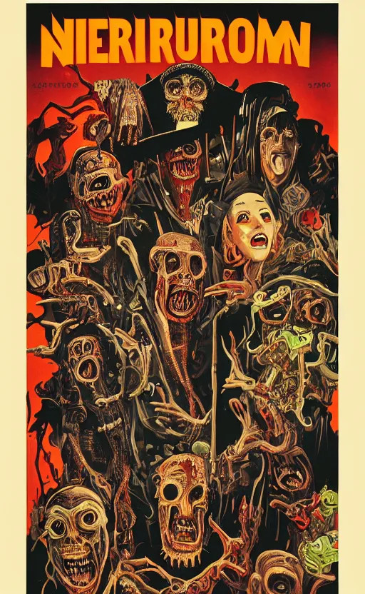 Image similar to cursed with necronomicon horrorcore cel animation poster depicting i don't know, intricate faces, metropolis, 1 9 5 0 s movie poster, post - processing, vector art