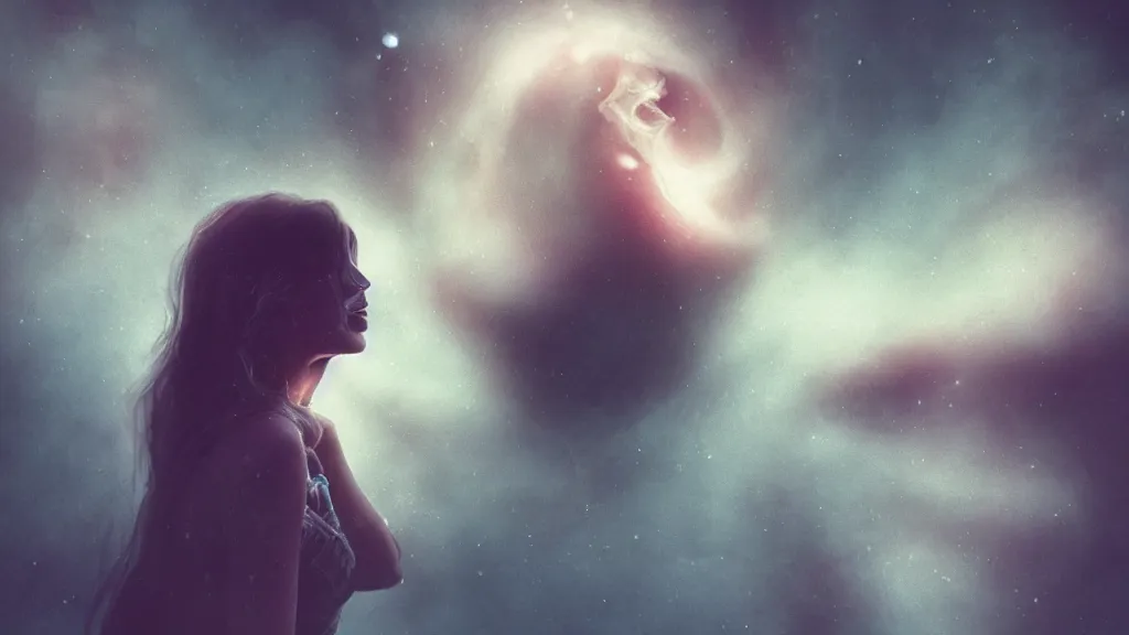 Prompt: whimsical, a beautiful playful woman, wearing professional makeup, standing in a lake, blowing trippy smoke, under the stars, with a binary black hole with a ring in the sky, by Lois van Baarle, by Greg Rutkowski, by Ilya Kuvsninov, cinematic angle, face enhance, volumetric lighting, cinematic lighting, digital art, 4k resolution, octane render, trending on artstation, masterpiece