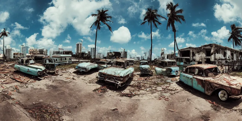 Image similar to wide angle shot of dilapidated fallout 5 miami, tropical coastal city in real life, desolate, dilapidated, some rusted retro futuristic vintage parked vehicles like cars, buses, trucks, trams, sunny weather, few clouds, volumetric lighting, photorealistic, daytime, spring, sharp focus, ultra detailed,