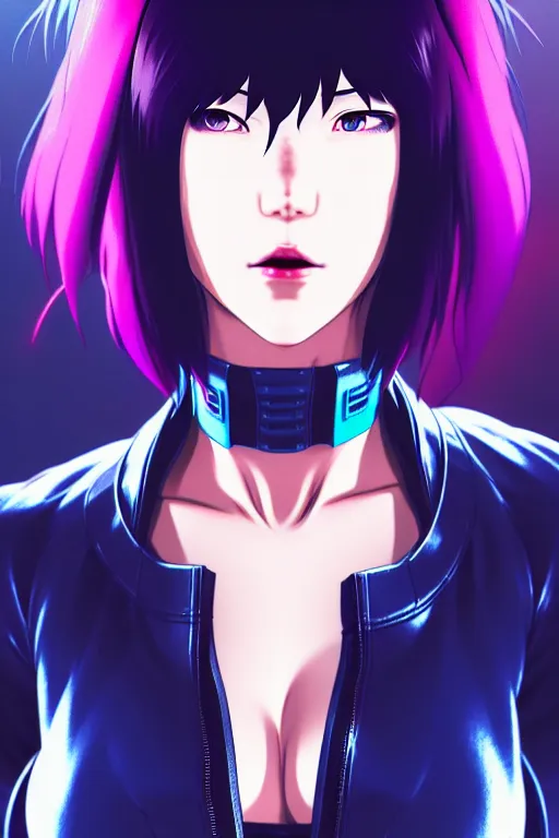 Image similar to a still fullbody portrait of motoko kusanagi ghost in the shell, finely detailed features, closeup at the faces, perfect art, at a cyberpunk city, gapmoe yandere grimdark, trending on pixiv fanbox, by ilya kuvshinov, rossdraws, artgerm