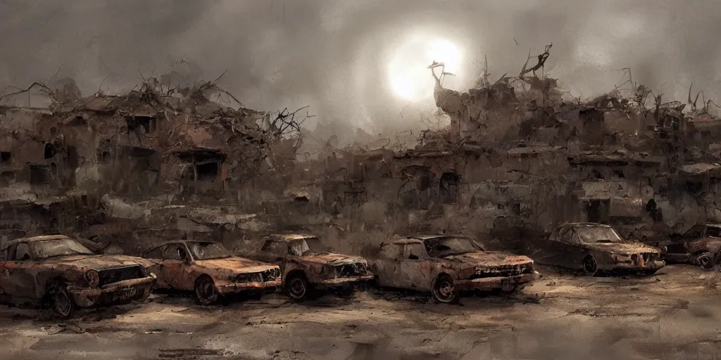 Prompt: graveyard of cars that looks like a ruin in an African landscape, lowlight, moody atmosphere, Craig Mullins style,