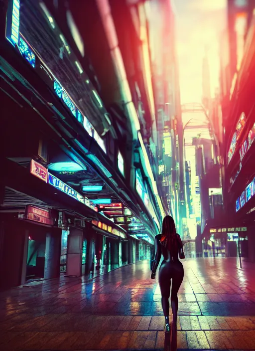 Image similar to beautiful photo of a beautiful woman walking through a ( ( ( cyberpunk city ) ) ), full body, hyper realistic, 8 k, dslr, 3 mm, highly detailed photograph