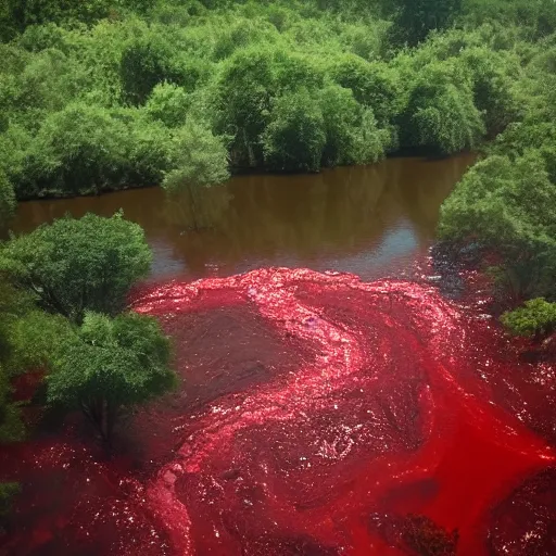 Image similar to hyper realistic photo of the river of blood, bodies floating downstream