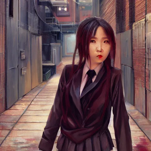 Image similar to a perfect, realistic professional oil painting of a Japanese schoolgirl posing in a dystopian alleyway, close-up, by a professional American senior artist on ArtStation, a high-quality hollywood-style concept