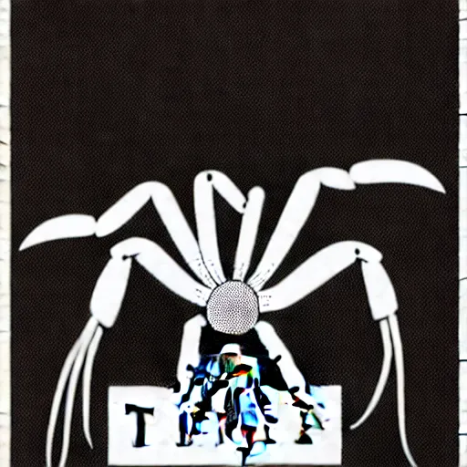 Image similar to book illustration of a tarantula with a machine gun mounted on its back. book illustration, monochromatic, white background, black and white image