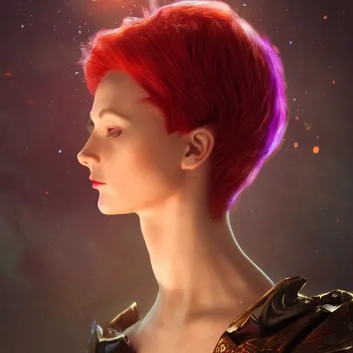 Image similar to redhead vampire sorceress, perfect face viewed in profile, bright glowing purple and red eyes, gold shirt, cinematic, floating ash, stunning, highly detailed, artstation, smooth, hard focus, concept art, art by artgerm and greg rutkowski and alphonse mucha, volumetric lighting, octane render, 4 k resolution, trending on artstation, masterpiece