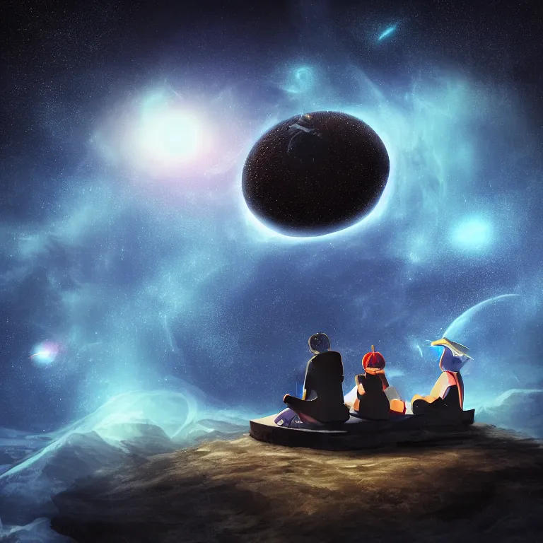 Prompt: black contrast dark style two people stuck on a very tiny floating island overlooking a centered perfectly circular supermassive black hole vast space infinite void vibrant nebula stars makoto shinkai accretion disk picnic table