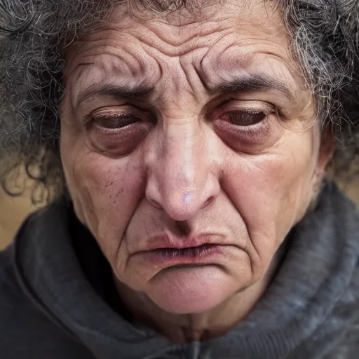 Prompt: astonished and angry middle aged lady looking at smartphone, uncombed hair, greek ethnicity, persian face structure, straight grey hair, angry eyes, photo, realistic, outdoor lighting, 4 k, 8 k, hd, 3 9 mm lens