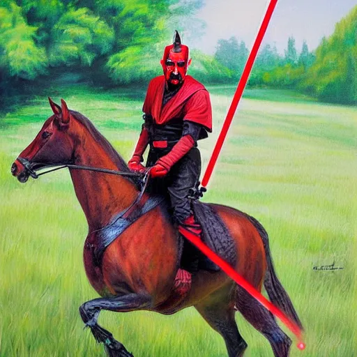 Image similar to darth maul riding his horse in his big iowa property, realistic painting