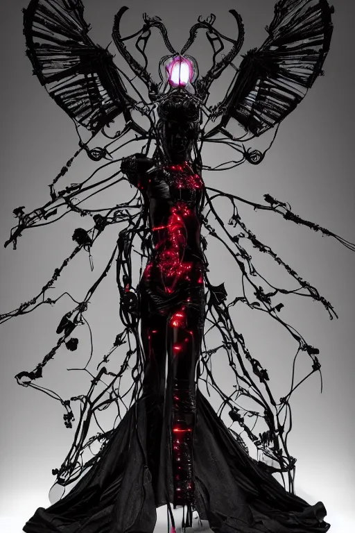 Prompt: full-body cyberpunk style sculpture of a young beautiful dark priestess, half android with a head opening exposing circuitry, glowing red eyes, black roses, flowing blood-red colored silk, fabric, candles, baroque elements, human skulls. full-length view. baroque element. intricate artwork by Caravaggio. crows flying in background. Trending on artstation. cinematic lighting from the right. hyper realism, octane render, 8k, depth of field, 3D