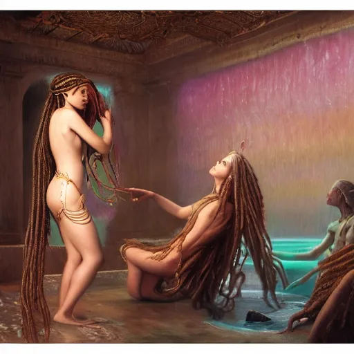 Image similar to birth of mami wata, sumerian goddess inanna ishtar, ashteroth, techno mystic goddess princess intergalactica, with aqua neon rapunzel dreadlocks, mami wata, detailed, by gaston bussiere, bayard wu, greg rutkowski, giger, maxim verehin, greg rutkowski, masterpiece, sharp focus,