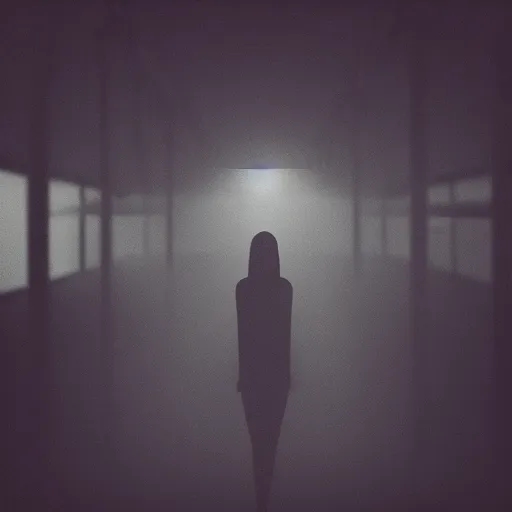 Prompt: dim lights shining through dark fog, emptiness, lonely female figure standing small, spooky found footage, dramatic contrast, psychedelic, trending on artstation