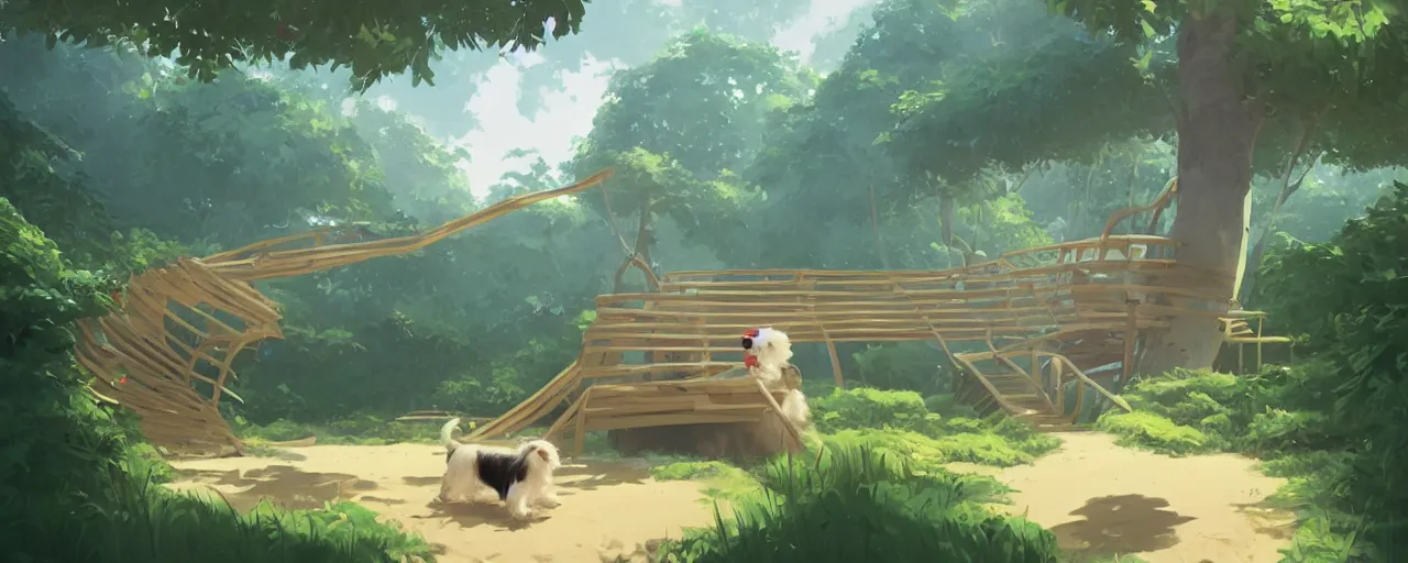 Image similar to a cream - colored havanese dog building a giant tree house next to a tropical beach, atey ghailan, goro fujita, studio ghibli, rim light, exquisite lighting, clear focus, very coherent,