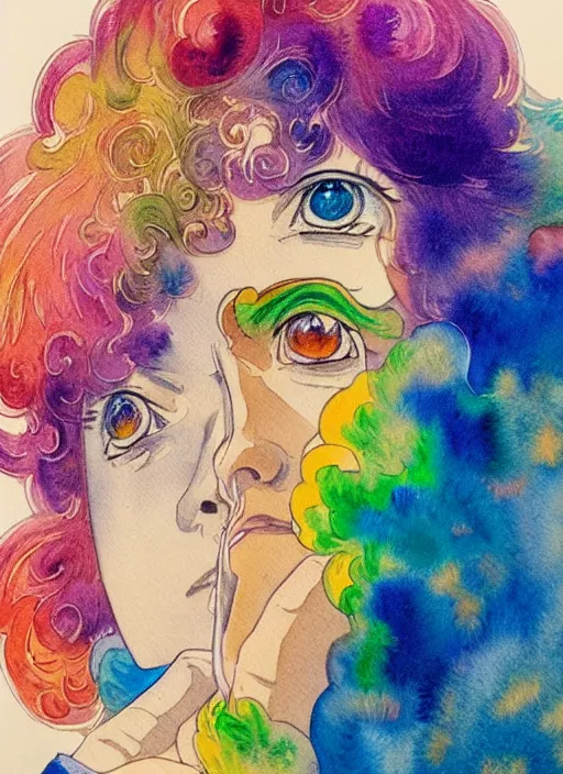 Image similar to vintage 7 0 s anime watercolor, a portrait of a man with colorful face - paint enshrouded in an impressionist watercolor, representation of mystic crystalline fractals in the background by william holman hunt, art by cicley mary barker, thick impressionist watercolor brush strokes, portrait painting by daniel garber, minimalist simple pen and watercolor