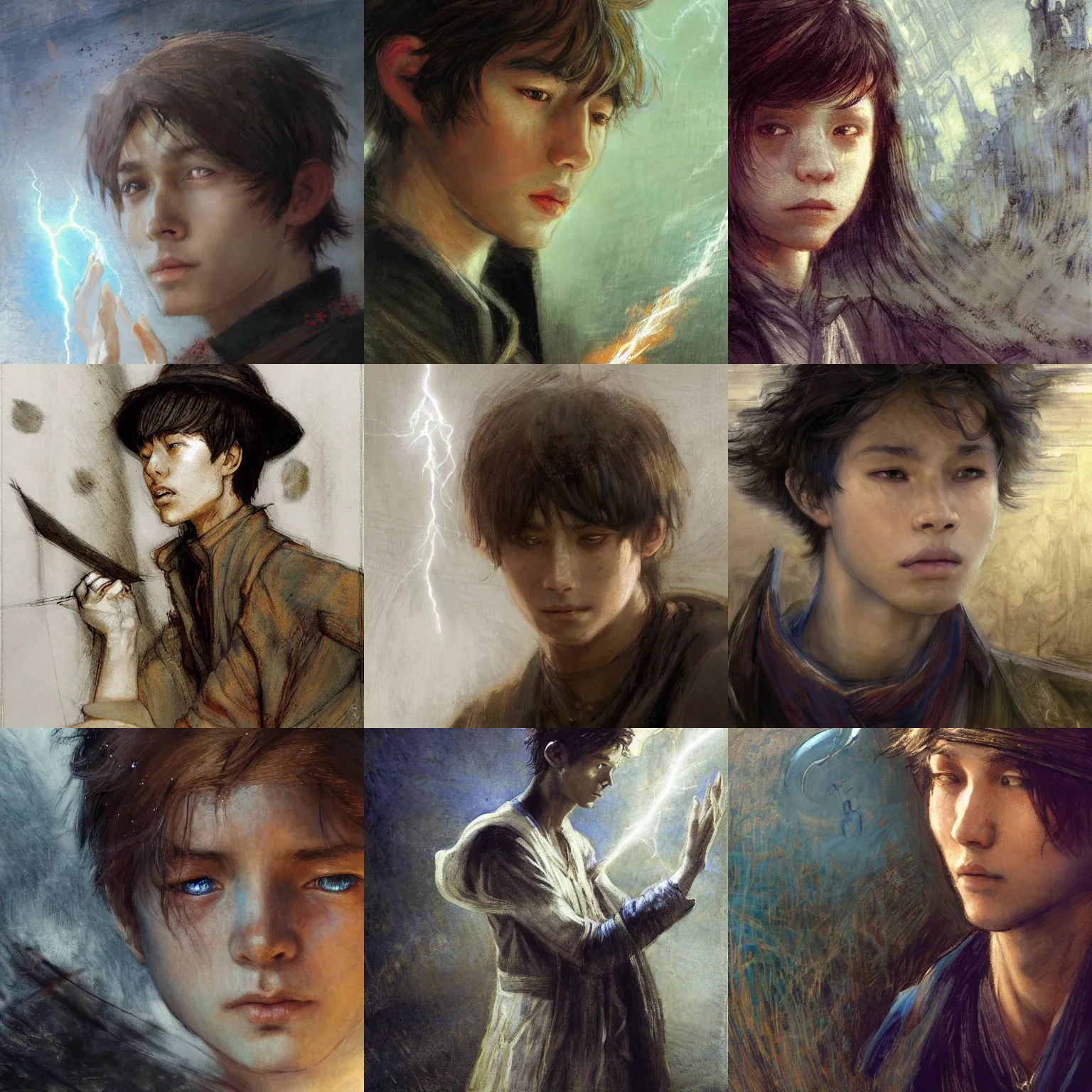 Prompt: a high fantasy young sorcerer casting a spell, by jules bastien - lepage and yoshitaka amano, face close up, official media, beautiful, rpg portrait, concept art, fantasy world, sharp, smooth, detailed, high quality, wallpaper 4 k, epic, trending on artstation and behance, dynamic lightning