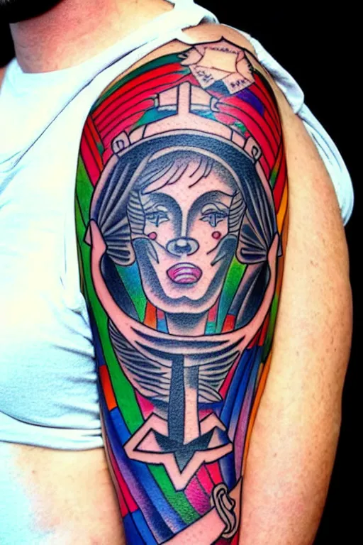 Image similar to American traditional tattoo of a sailor, detailed line work, bright colors, tattoo by Tony BLUEARMS