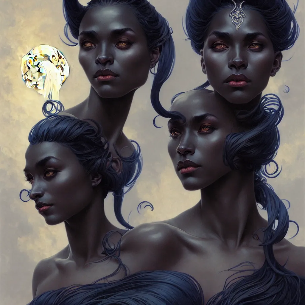 Image similar to tiefling portrait, darkblue skin, moon, ashes, fantasy, intricate, elegant, highly detailed, symmetrical face, digital painting, artstation, concept art, smooth, sharp focus, illustration, art by krenz cushart and artem demura and alphonse mucha