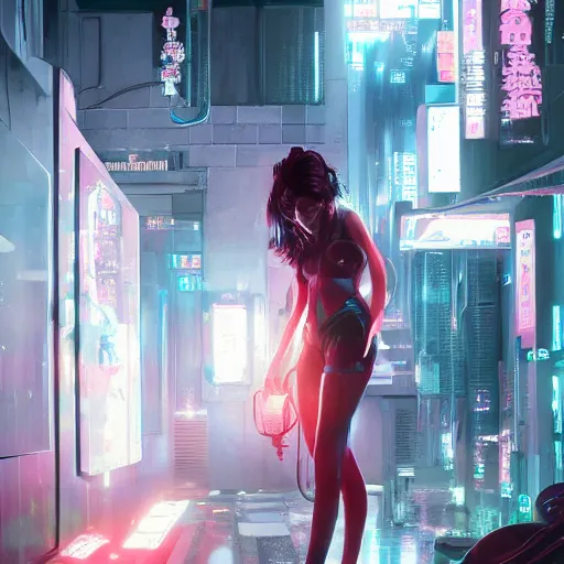 Image similar to step sister stuck in washing machine, art by wlop and artgerm and liam wong, cyberpunk, neon, intricate details, trending on artstation, sharp focus, caustics, octane render, radiant light, 4 k