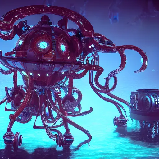 Prompt: underwater bioluminescent scifi robot mechanical squid, gears, steampunk, electropunk, 4 k, unreal engine