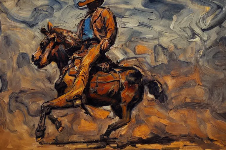 Prompt: an extremely detailed full body masterpiece painting of a cowboy gunslinger from a low angle sitting on his horse, in the style of frank auerbach, epic scene, tensive mood and action, muted colors