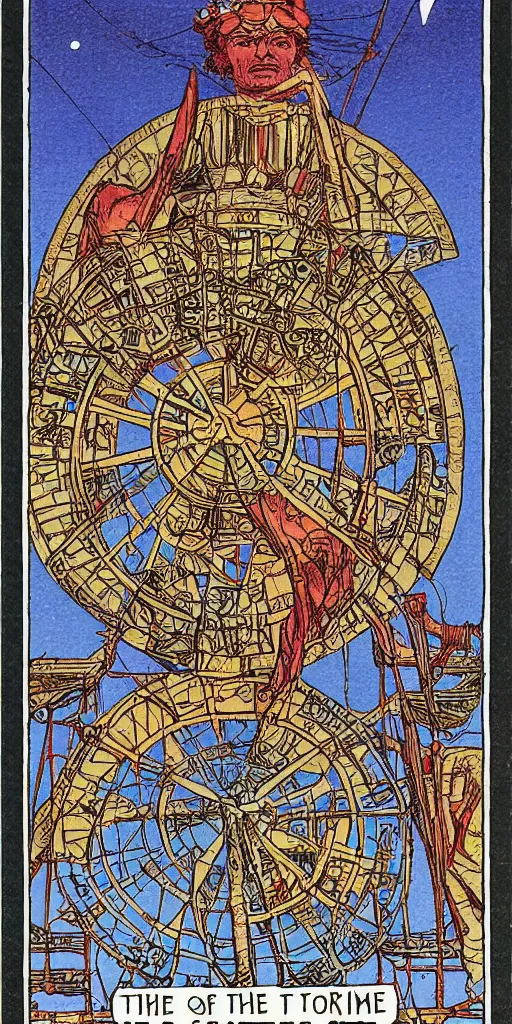 Prompt: the tarot card of the wheel of fortune painted by moebius.