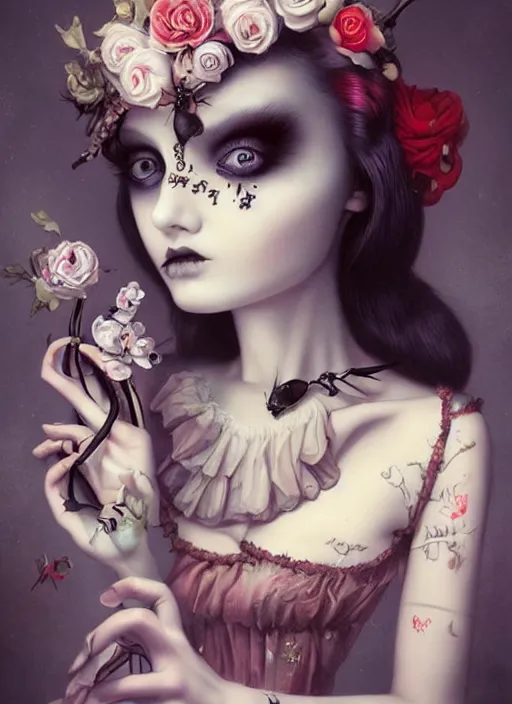 Prompt: pop surrealism, lowbrow art, realistic cute gothic dress fashion painting, japanese street fashion, hyper realism, muted colours, rococo, natalie shau, loreta lux, tom bagshaw, mark ryden, trevor brown style