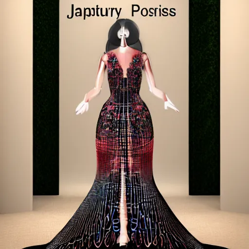 Prompt: a 3 d realistic of image of a luxury feminine dress flowing met gala, japonisme pop 3 d 8 k ultra detailed