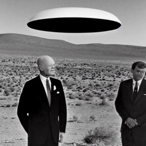 Prompt: president eisenhower aboarding a ufo in the desert as high ranked government officials are watching, black and white old photo