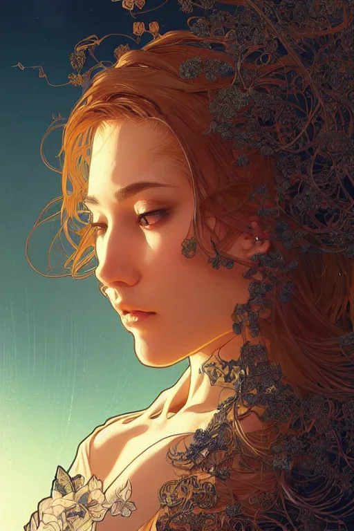 Image similar to beautiful female humanoid!, half portrait, background explosion, intricate detailed environment, cell shaded, floro details, intricate, elegant, highly detailed, digital painting, artstation, concept art, smooth, sharp focus, illustration, art by artgerm and greg rutkowski and alphonse mucha, laurie greasley