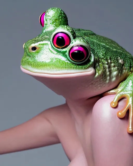 Image similar to natural light, soft focus portrait of a cyberpunk anthropomorphic frog with soft synthetic pink skin, blue bioluminescent plastics, smooth shiny metal, elaborate ornate head piece, piercings, skin textures, by annie leibovitz, paul lehr