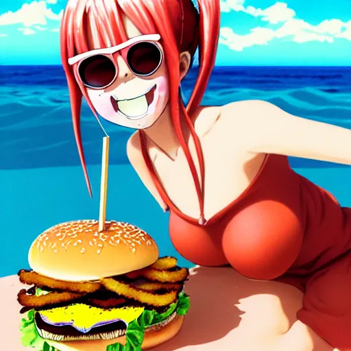 Image similar to Extremely Detailed and Full Portrait scene of Gooey Ocean scene in ink and refined sand, Red Hair pigtail anime woman with shades on face. wearing a sundress full body smiling while eating a cheese burger. The cheeseburger is leaking red sauce all over the place by Akihito Yoshitomi AND Yoji Shinkawa AND Greg Rutkowski, Mark Arian trending on artstation