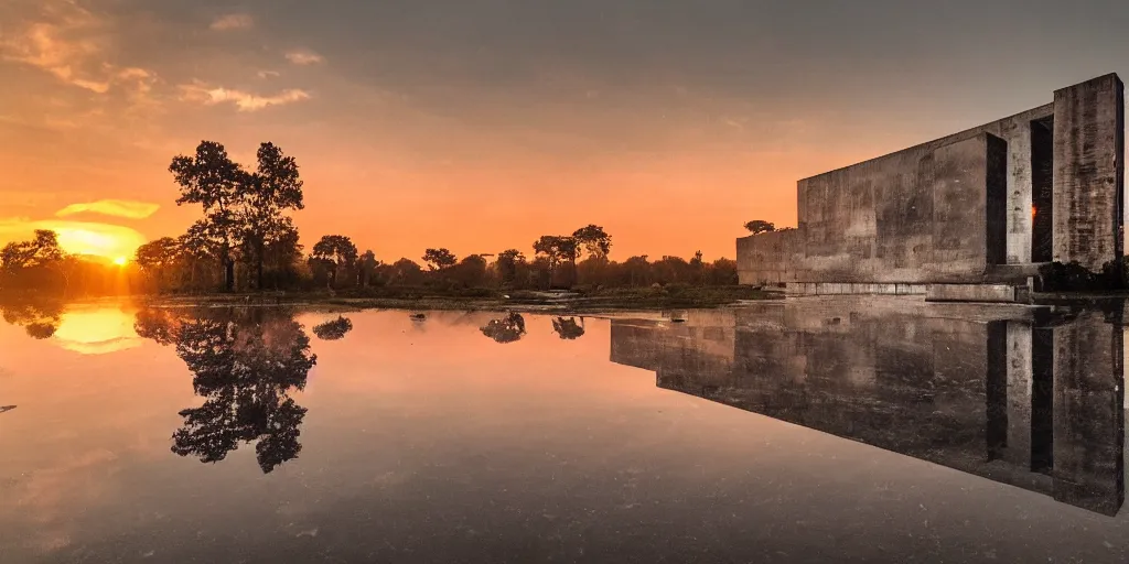 Image similar to huge building in shape of skull by le corbusier brutalism, puddles of water, trees, sunrise, orange glow, by greg rutkowsky and ivan shishkin,