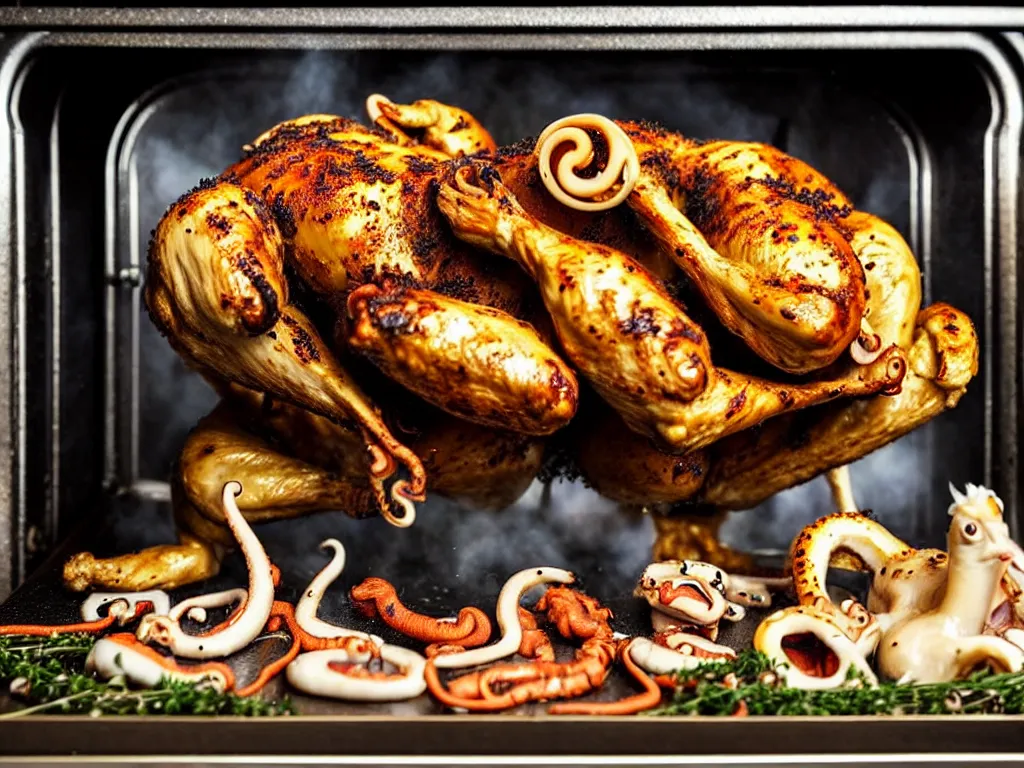 Prompt: a perfect photograph of a mechanical man roasting like a chicken in a giant oven, garnished with squid, dog, thyme and onion.