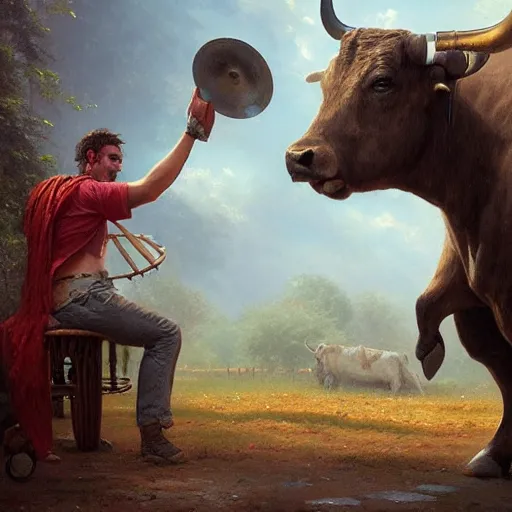 Prompt: a bull plays the drums by greg rutkowski and thomas kinkade, trending on artstation, 3 d art station