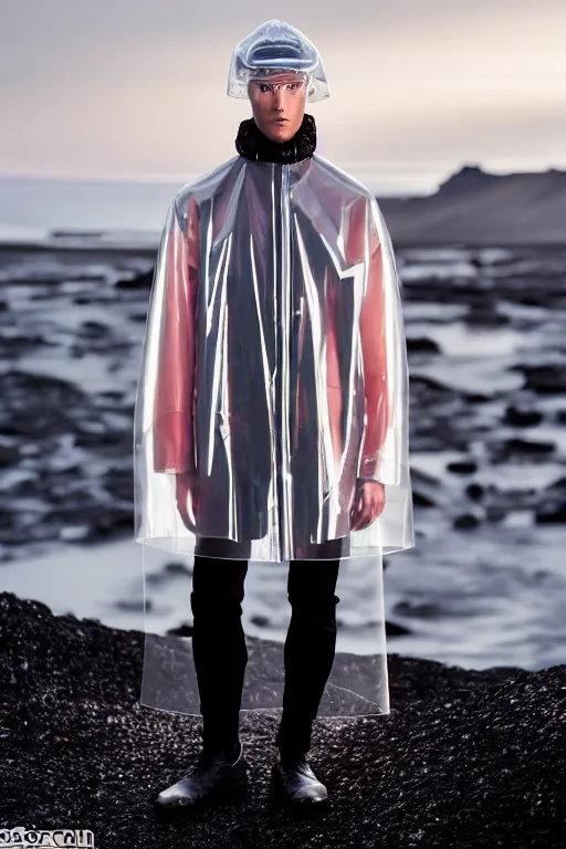 Image similar to an ultra high definition professional high fashion portrait studio full length photograph of a male model wearing a transparent pearlescent raincoat and neon visor in an icelandic black rock environment at dawn. no artefacts. extremely detailed. stark. refraction. shallow depth of field. volumetric light and shadow. ray tracing. light rays.