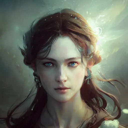 Image similar to a portrait of a beautiful hopeful lady with pretty eyes, beautiful eyes, highly detailed eyes, looking up, looking up, light smiling, art of wlop and greg rutkowski, intricate, high details, eyes, epic fantasy art, cgsociety, trending on artstation, bright light masterpiece, ray of light through white hair