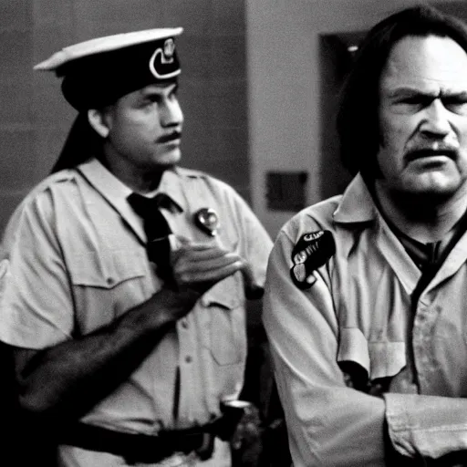 Prompt: a predator replaces chief bromden in one flew over the cuckoo's nest, still movie shot