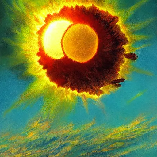 Prompt: a 1 8 7 0 painting of the sun exploding, painting, digital art, harsh lighting