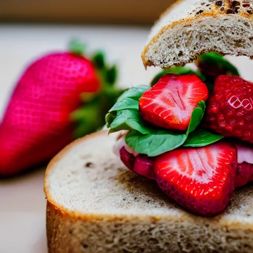 Image similar to a 5 0 mm macro shot of a strawberry and bean sandwich