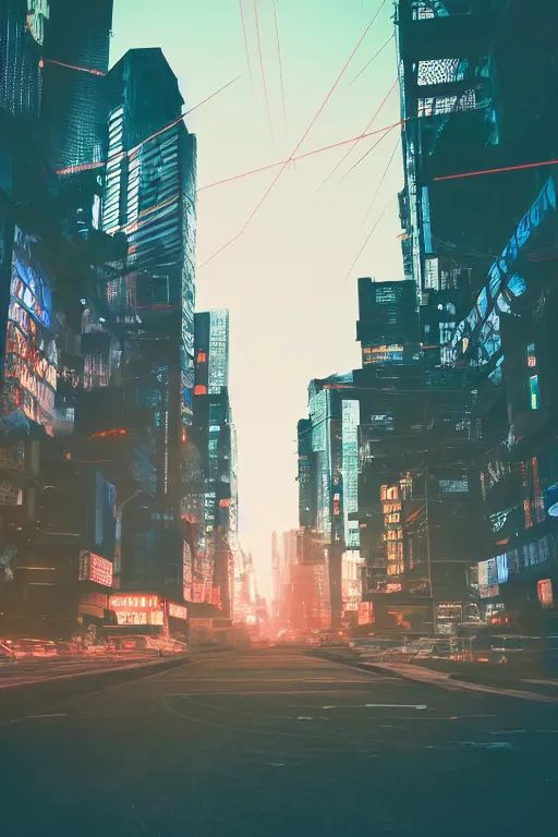 Prompt: cyber punk city scape at dusk orange light , realistic, cinematic style, 100mm, film post process, unreal