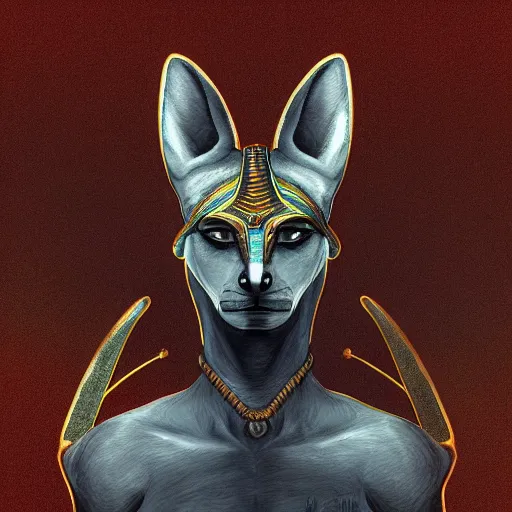 Image similar to Anubis, Egyptian background, very detailed, artstation, illustration, masterpiece, digital art, Furry Art