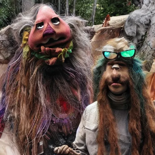 Prompt: hippies on another planet, jim henson creature shop, realistic