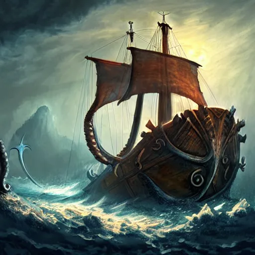 Image similar to kraken attack epic viking ship, centered in picture, epic fantasy, detailed, intricate, digital painting, concept art, realistic, smooth, focus, rim light