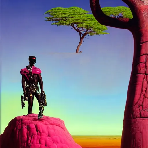 Prompt: a zulu cyberpunk hunter near a pink lake with a giant baobab tree in the middle by thomas blackshear and android jones in a surreal portrait style, oil on canvas, 8k resolution.