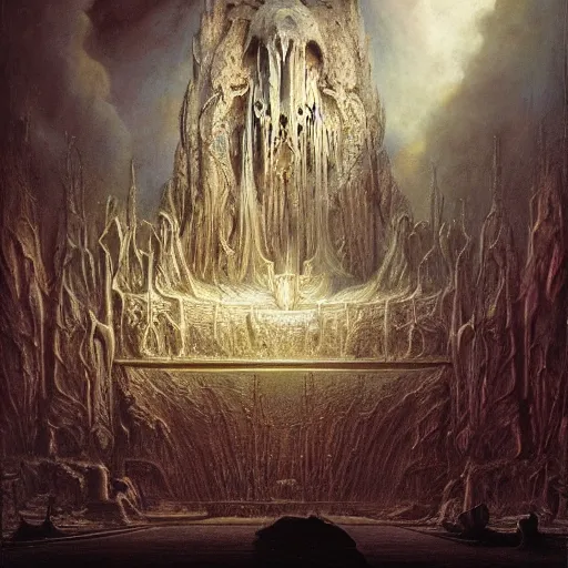 Prompt: the throne of illusion | highly detailed matte painting, hyperrealistic, very intrincate | cinematic lighting, award - winning | by rachel ruysch, giger, beksinski and bocklin | by austin osman spare and william blake, trending on artstation, cgsociety, official art, octane.