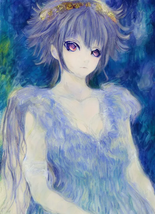 Image similar to a portrait of a moon princess, blue outfit, very anime in impressionist style, trending artwork, anime painter studio, by claude monet