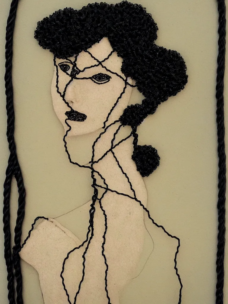 Image similar to metal wire art about an elegant woman. portrait influenced by egon schiele.